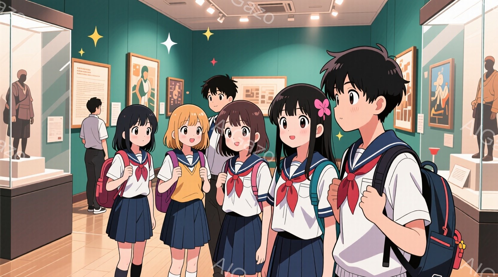 美術館の展示室にいる制服姿の学生たちが描かれています。紺色のスカートと白いブラウス、赤いリボンが特徴で、皆リュックサックを背負っています。展示されている絵画や彫刻を見上げ、興味深そうに鑑賞しており、全体的に明るく活気のある雰囲気です。