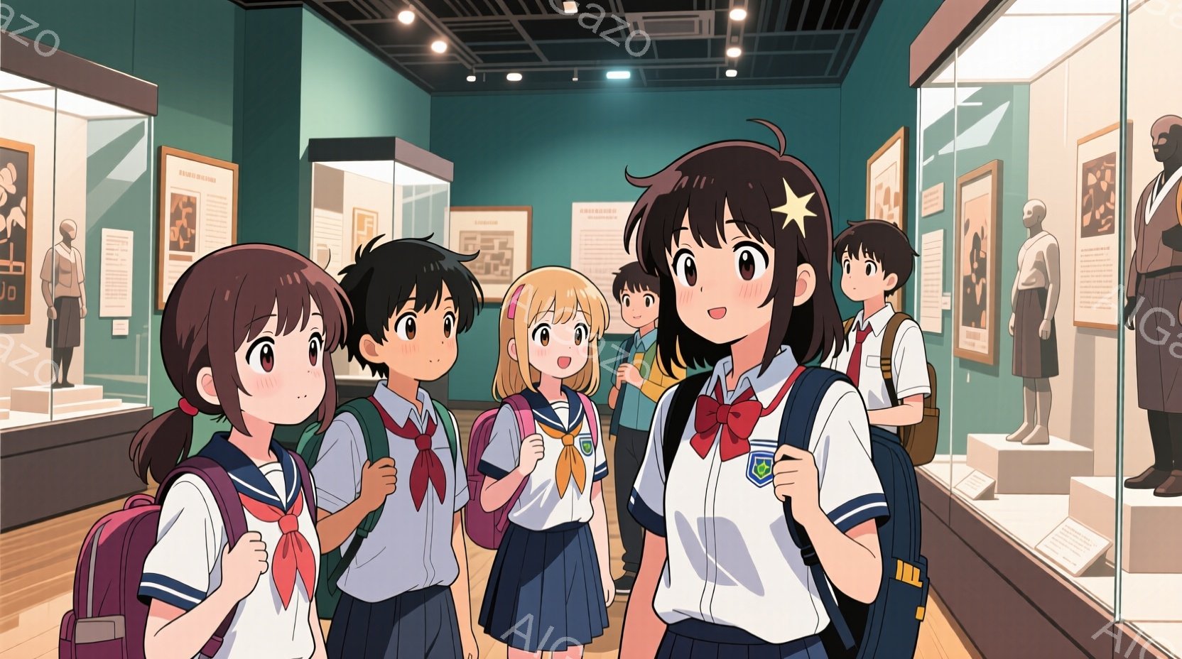 制服を着た中学生と思われる少年少女たちが、博物館の展示物を鑑賞している様子が描かれています。女の子たちは皆、短いスカートとリボン結びの髪型で、表情は明るく、興味津々です。背景にはガラスケースに入った展示物や、他の見学者がおり、博物館の静かで落ち着いた雰囲気が伝わってきます。