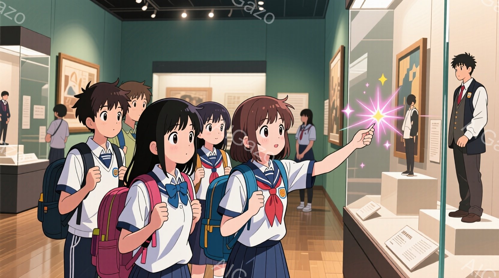 学生たちが美術館を見学しており、興味深そうな作品に驚かされる表情で描かれています。彼らは集中して作品を注意深く観察し、自分たちが見つけた絵画の光を指させるというユニークな体験に感動しています。