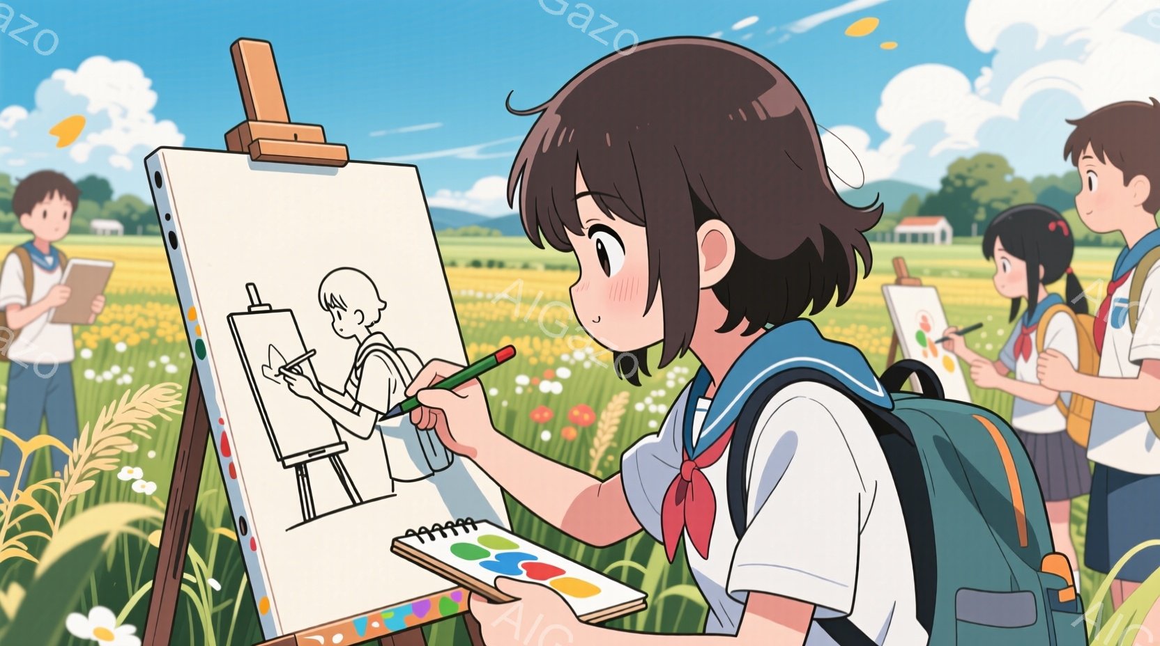 制服を着た女子学生が、屋外でイーゼルを前にスケッチをしている様子が描かれています。彼女は黒髪で、少し頬を赤らめ、集中して人物のデッサンに取り組んでいます。背景には、緑豊かな草地、黄色い花、遠くに見える建物や山々が広がり、晴れた空が広がっています。