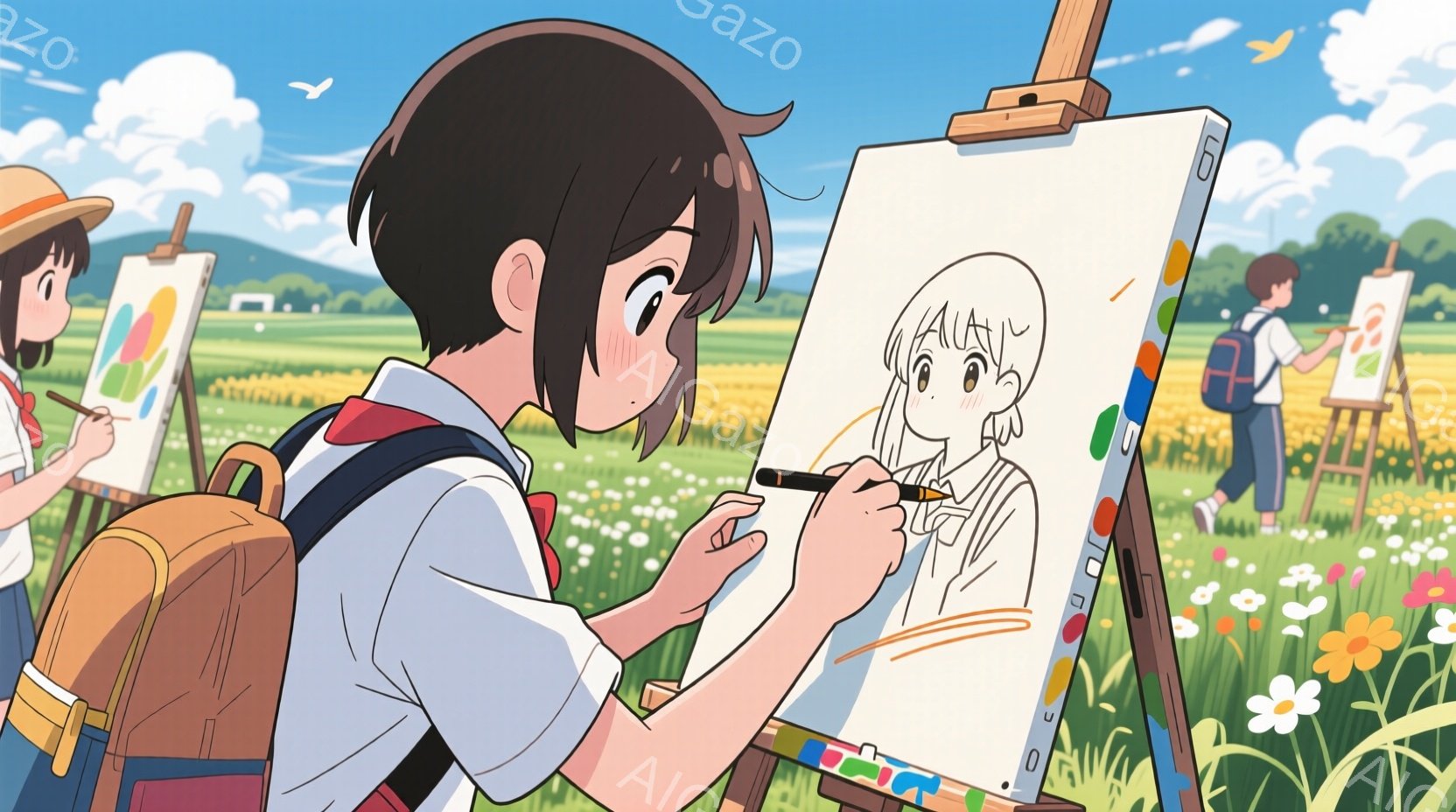 若い女性が屋外でイーゼルを使って絵を描いている様子を描いています。彼女は黒髪で、赤いリボンをつけ、セーラー服を着てリュックサックを背負っています。背景には、他の絵を描く人々や、花が咲き乱れる草原、そし - AI生成フリー素材