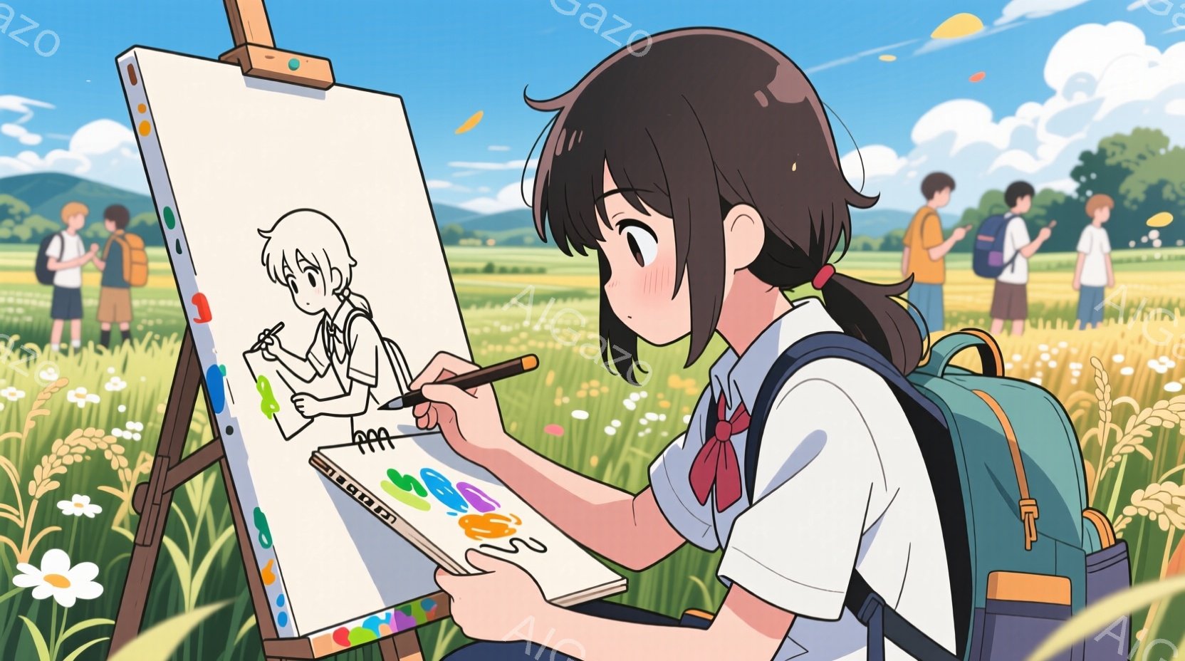 茶色の髪を肩まで伸ばした少女が、野原でイーゼルに向かって絵を描いている。制服に赤いリボンをつけ、リュックサックを背負い、集中してキャンバスに向かっている。背景には、緑豊かな田園風景と青空が広がり、遠くには人々が立っているのが見える。