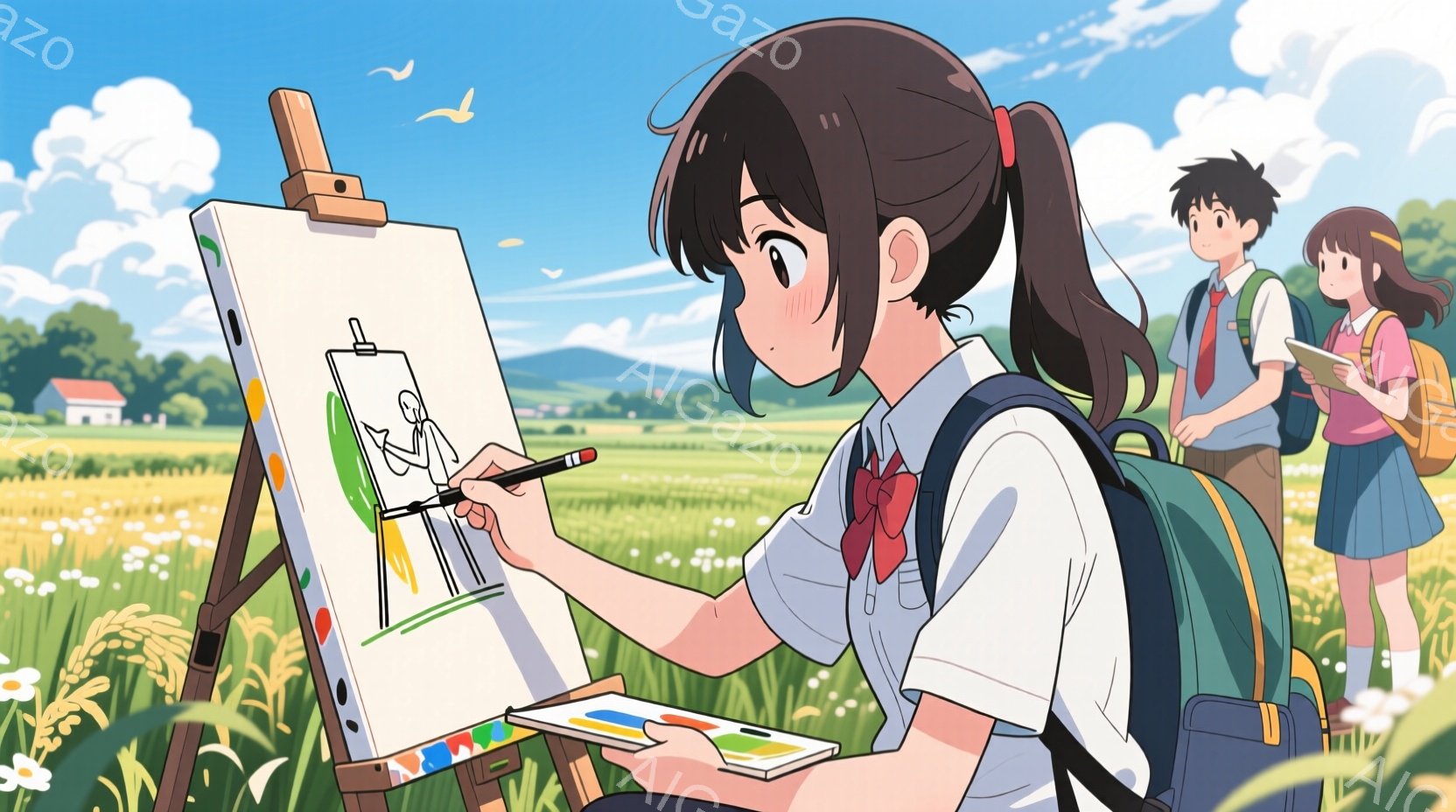 明るい日差しの中、少女がイーゼルに向かって絵を描いている。紺色のリボンが付いた白いブラウスとスカート、そして背負った紺色のリュックサックが印象的で、髪はポニーテールにしている。背景には緑豊かな草原と遠くに見える建物、そして青空が広がっており、全体的に穏やかで優しい雰囲気を感じさせる。
