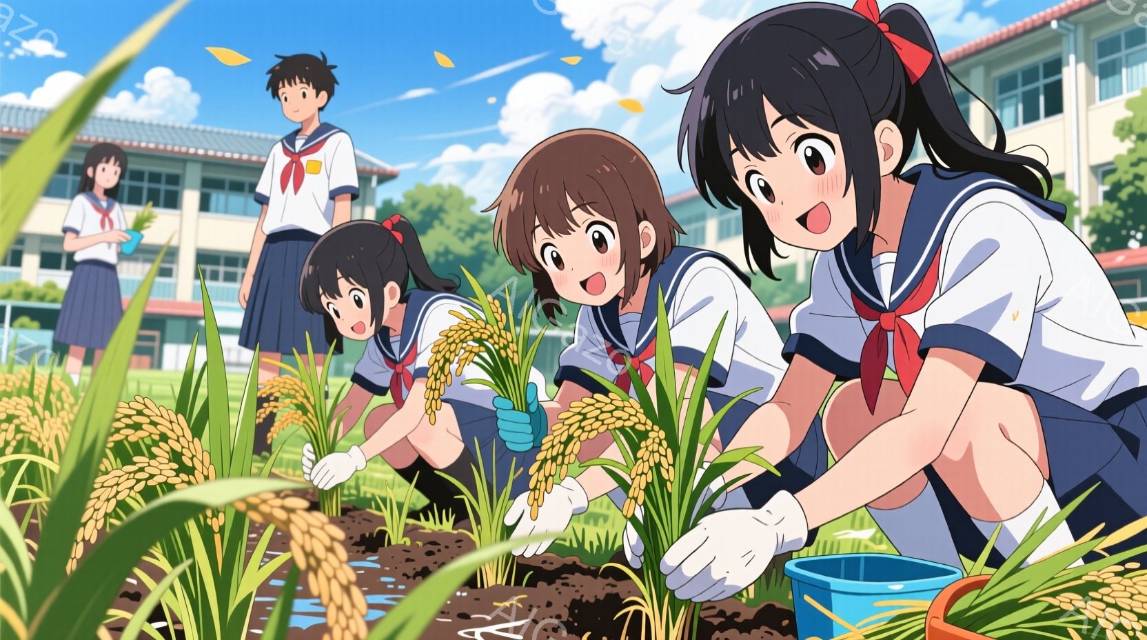 制服を着た女子高生3名と男子高生1名が描かれています。女子高生たちは土の中で稲の苗を植えており、真剣で楽しそうな表情をしています。背景には学校の建物と青空、緑豊かな自然が広がり、明るく穏やかな雰囲気が漂っています。