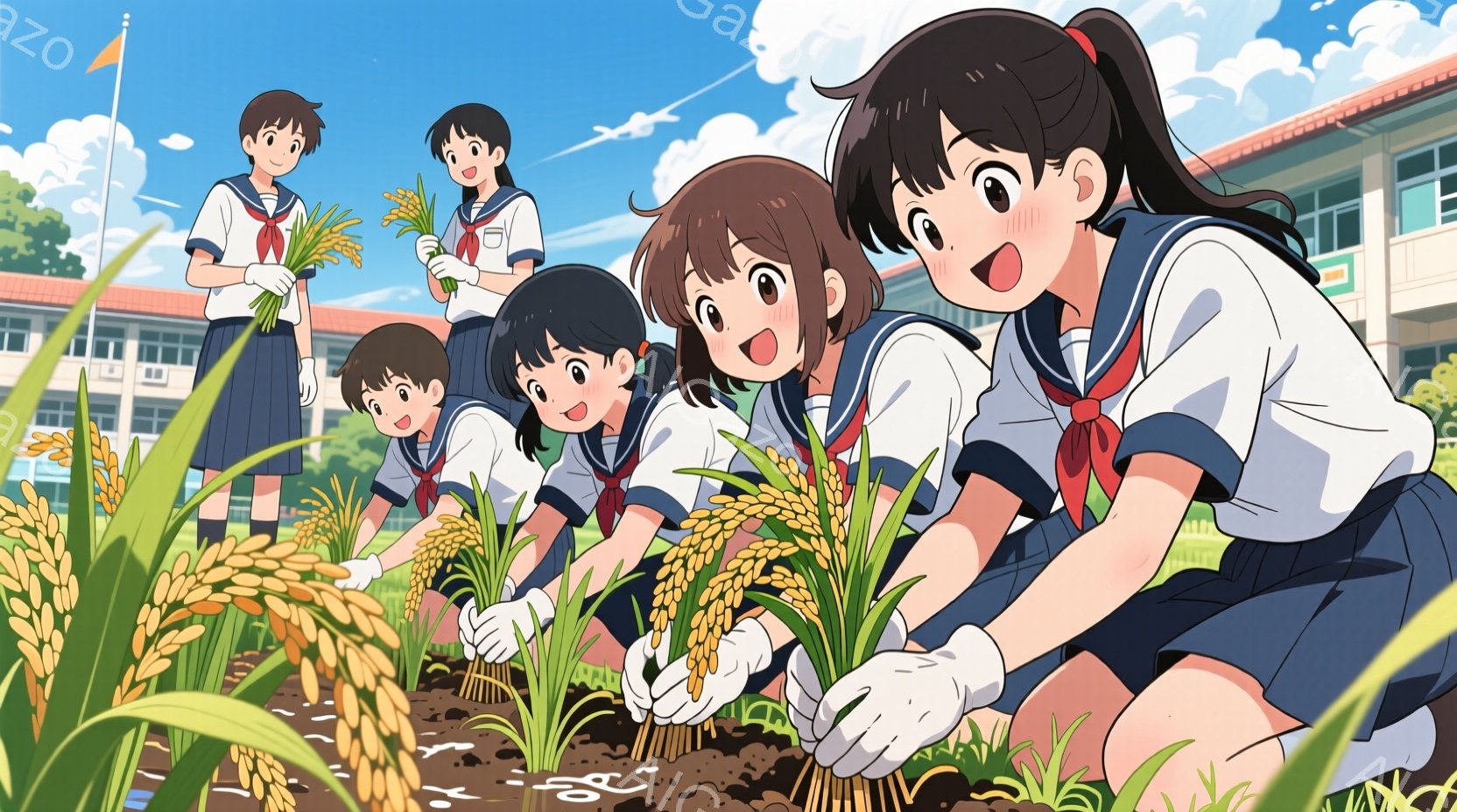 紺色のセーラー服を着た女子高生たちが、田んぼで稲の苗を植えている様子が描かれている。彼女たちは白い手袋をはめ、真剣な表情で作業に取り組んでおり、明るい笑顔を浮かべ、活気に満ちた雰囲気を醸し出している。 - AI生成フリー素材