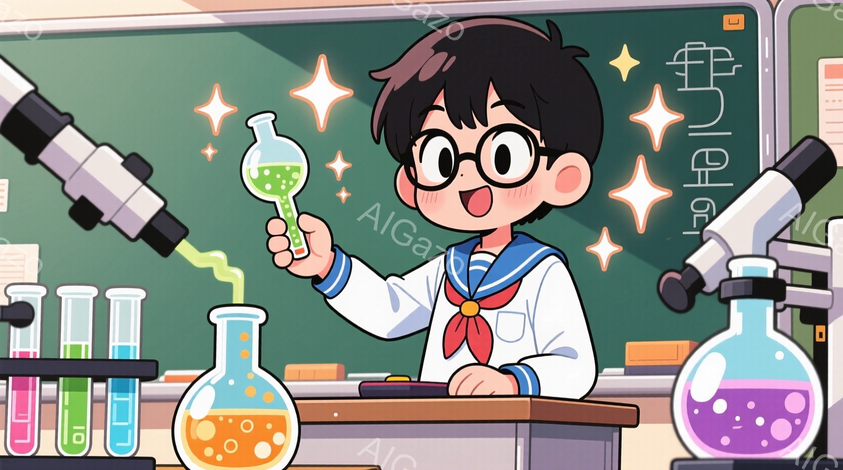 茶色の髪で、丸い眼鏡をかけた少年が描かれています。白い実験着を着て、試験管から緑色の液体がこぼれ落ちる様子を嬉しそうに見つめています。背景には、試験管やフラスコが並んだ実験台と、黒板が描かれており、科学実験室の雰囲気です。