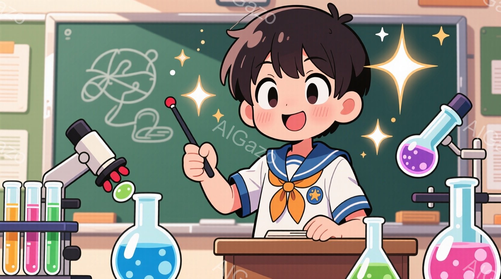 制服を着た少年が実験台の前で実験をしている様子を描いています。少年は短い黒髪で、笑顔で棒を持ち、何かを説明しているようなポーズをとっています。背景には、フラスコや試験管が並び、黒板には化学式のイラストが描かれており、科学教室のような雰囲気です。