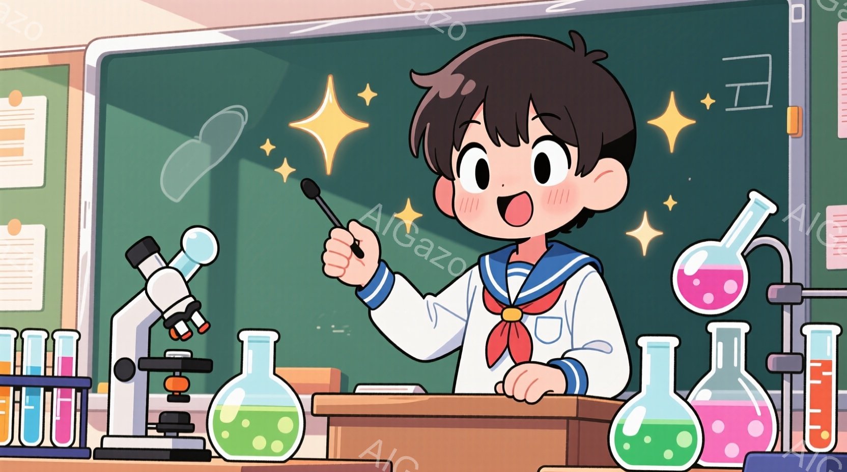 茶髪の短い髪型で、赤いネクタイと白衣を着た少年が描かれています。彼は実験台の前で片手を上げ、試験管を指差しており、嬉しそうな表情をしています。背景には顕微鏡や様々な色の液体が入った試験管が並び、キラキラとした星のイラストが浮かんでおり、科学実験に熱中している様子を表しています。