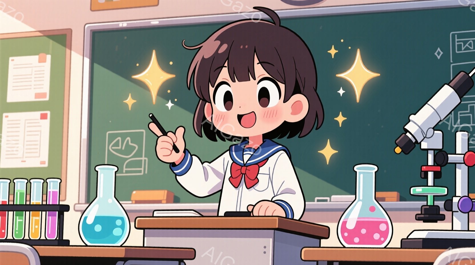 短い茶色の髪に大きな瞳を持つ少女が描かれています。彼女は白いセーラー服と赤いリボンを身につけ、実験台の前で指を立てて何かを説明しているようです。背景には、フラスコや顕微鏡が置かれた実験室があり、星のような光の効果が散りばめられ、活気のある雰囲気を作り出しています。