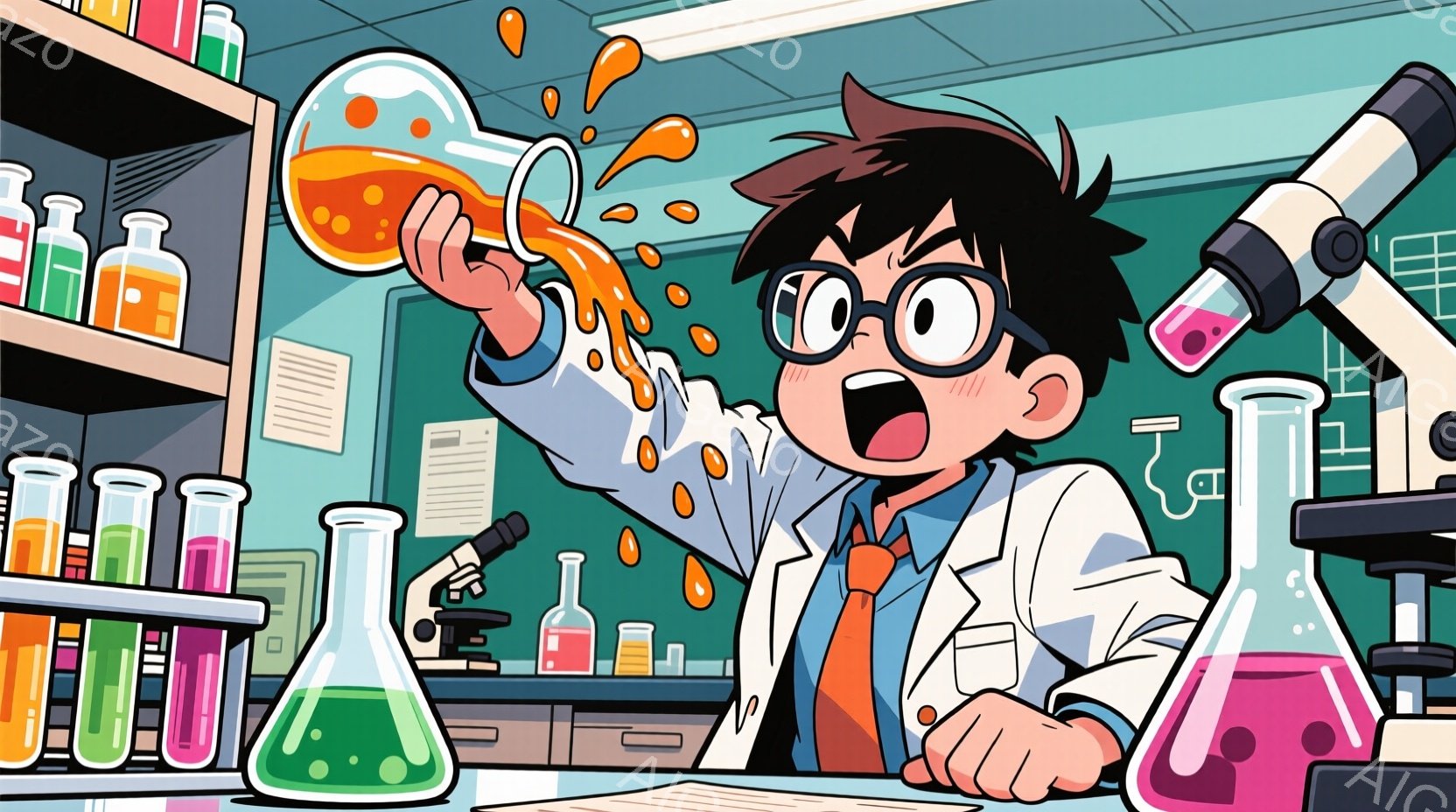 若い科学者が実験室で、オレンジ色の液体が入った試験管を高く掲げています。彼は白衣を着ており、黒髪で大きな眼鏡をかけていて、驚いた表情をしています。背景には様々な色の液体が入った試験管や実験器具が並び、活気のある実験室の雰囲気です。