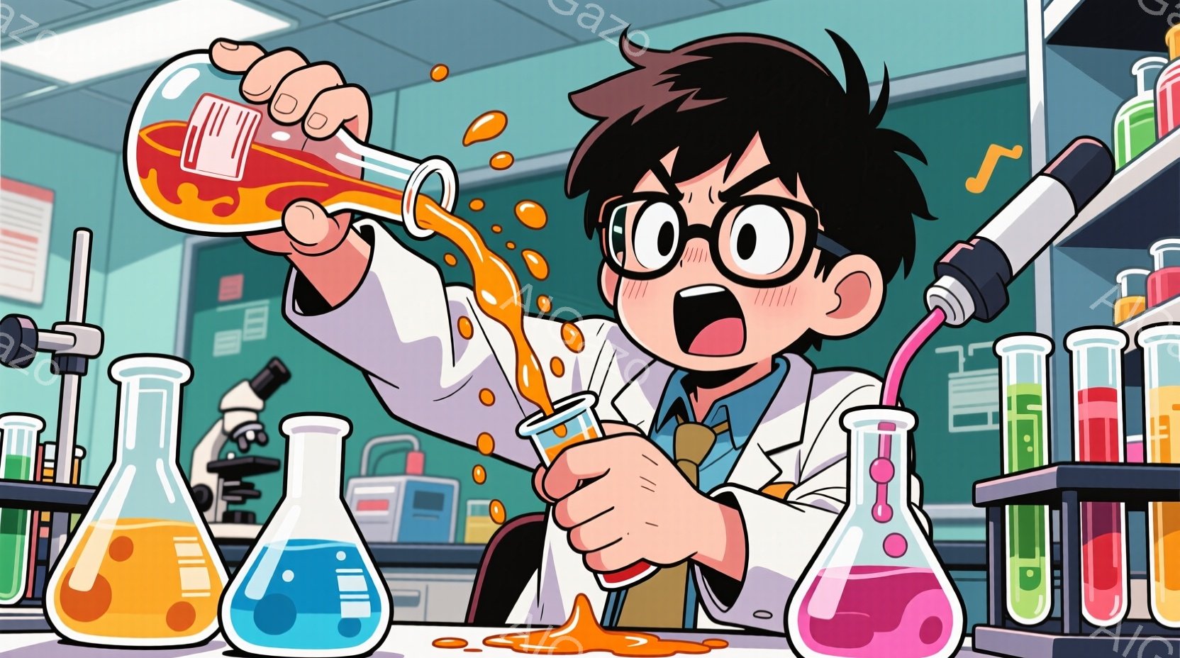 白衣を着た少年が、試験管から別の試験管へオレンジ色の液体を注いでおり、驚いた表情をしています。彼の髪は黒く、少し乱れており、大きな眼鏡をかけています。背景には様々な試験管、フラスコ、科学機器が並び、実 - AI生成フリー素材