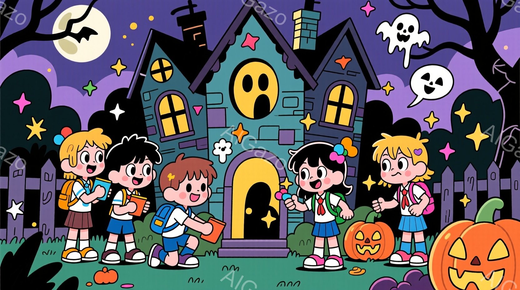 明るいハロウィーンのイラストで、小学生くらいの子供たちが可愛らしい表情で並んでいます。子供たちはそれぞれランドセルを背負い、本やカボチャのおもちゃを持っています。背景にはお化け屋敷のような建物があり、カボチャ、幽霊、星などが描かれ、夜空には満月が輝き、楽しいハロウィーンの雰囲気が漂っています。