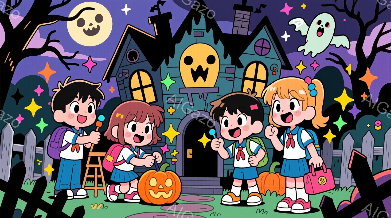 明るいオレンジ色の髪の男の子と、ピンク色と茶色の髪の女の子たちが、ハロウィーンの衣装を着て、切り株やカボチャの周りに立っています。彼らは皆笑顔で、リュックサックを背負い、楽しそうにしています。背景には - AI生成フリー素材