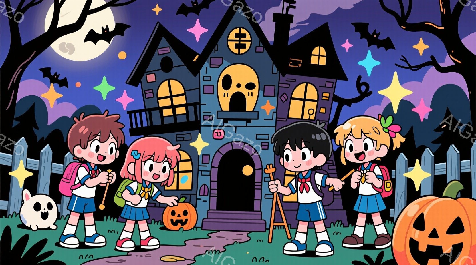 明るい青い背景に、ハロウィーンの飾り付けがされた家と、リュックを背負った小学生くらいの子供たちが立っています。子供たちはそれぞれ赤い靴を履き、元気な表情でこちらを見ており、一人はゾンビのリュックを背負 - AI生成フリー素材
