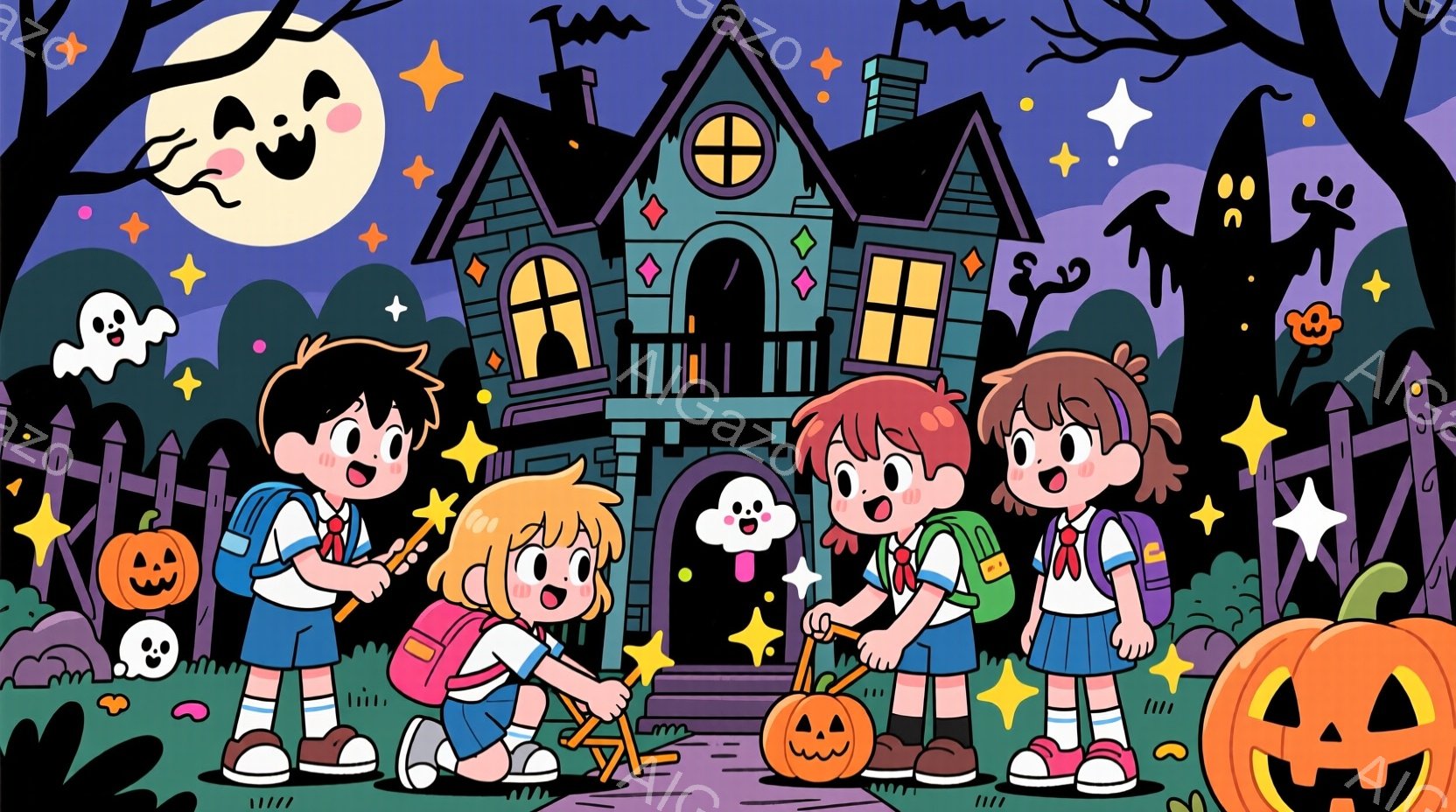 ３人の子供たちがハロウィーンの夜に、不気味な屋敷の前に立っています。彼らは学校の制服を着て、リュックを背負い、カボチャやお化けのランタンを持っており、楽しそうな表情をしています。背景には満月、星、カボ - AI生成フリー素材