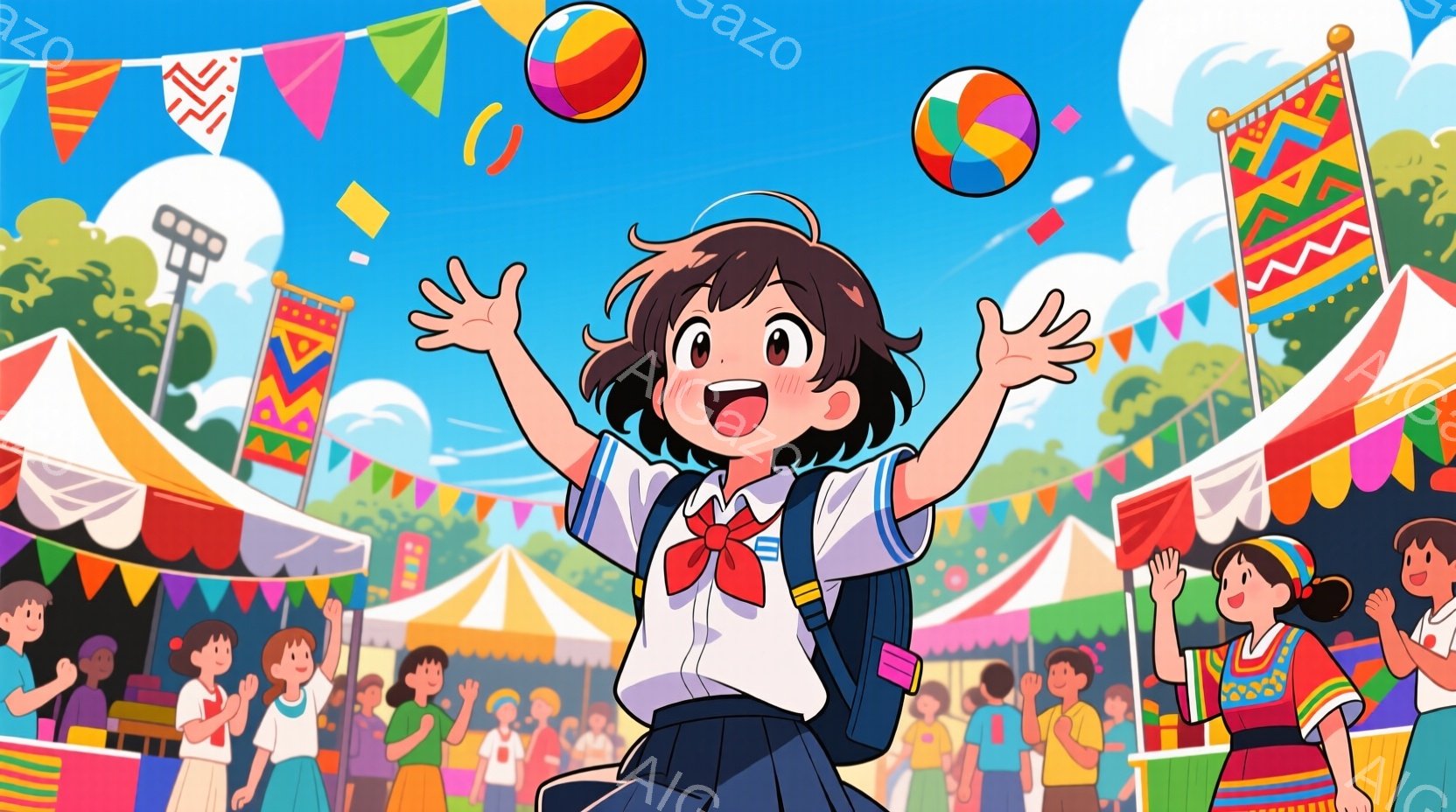 明るい青空の下、制服を着た女の子が両手を高く上げて喜びを表現しています。彼女は茶色の巻き毛で、頬を赤らめて笑顔を見せています。背景には、カラフルなテントや旗が並び、多くの人々が手を振って祝福しており、お祭りやイベントのような賑やかな雰囲気が漂っています。