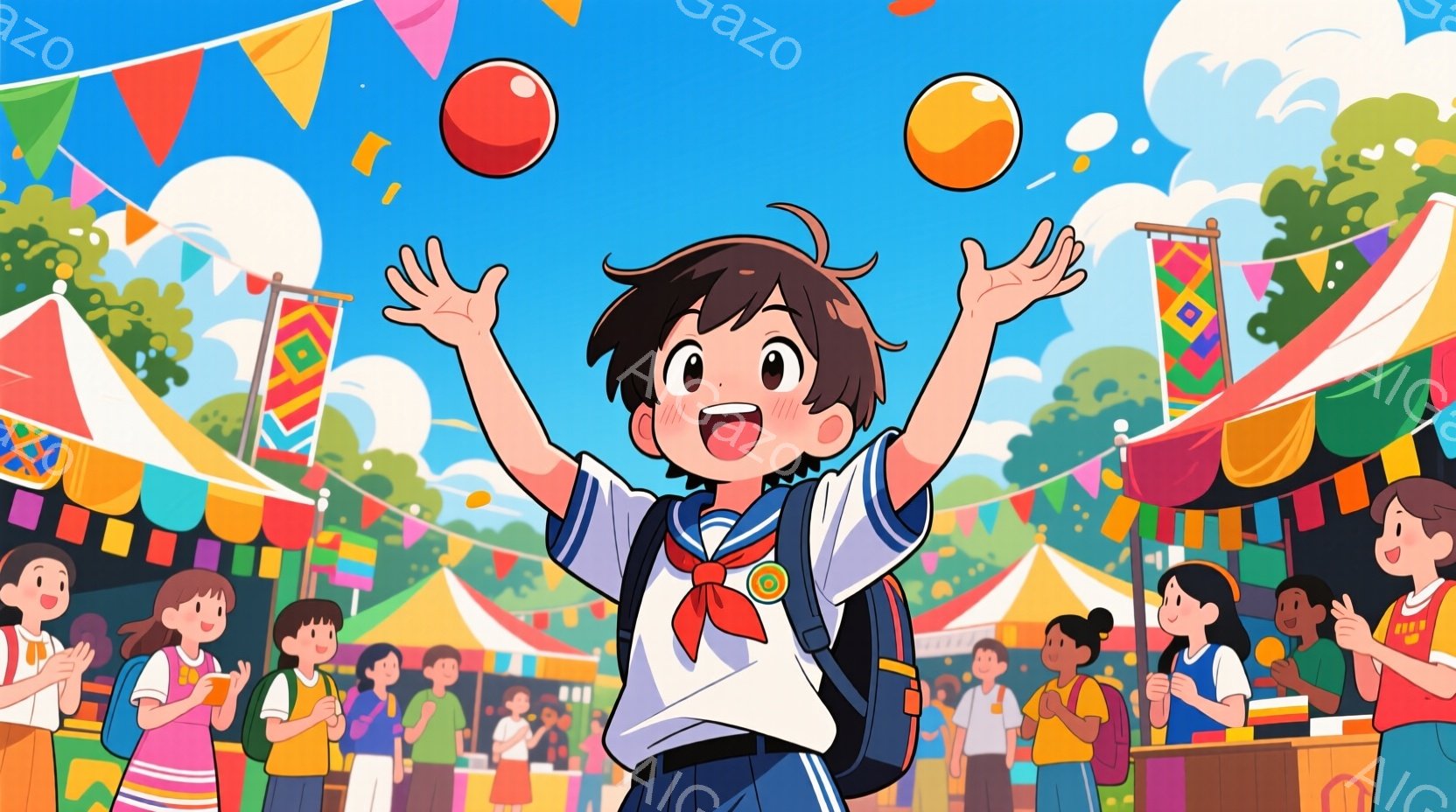 明るい日差しが差し込むお祭りの場面で、制服を着た少年が両手を高く上げて楽しんでいます。少年は短い茶色の髪で、笑顔が印象的です。背景には、カラフルな屋台や旗が立ち並び、人々が楽しんでいる様子が描かれてお - AI生成フリー素材