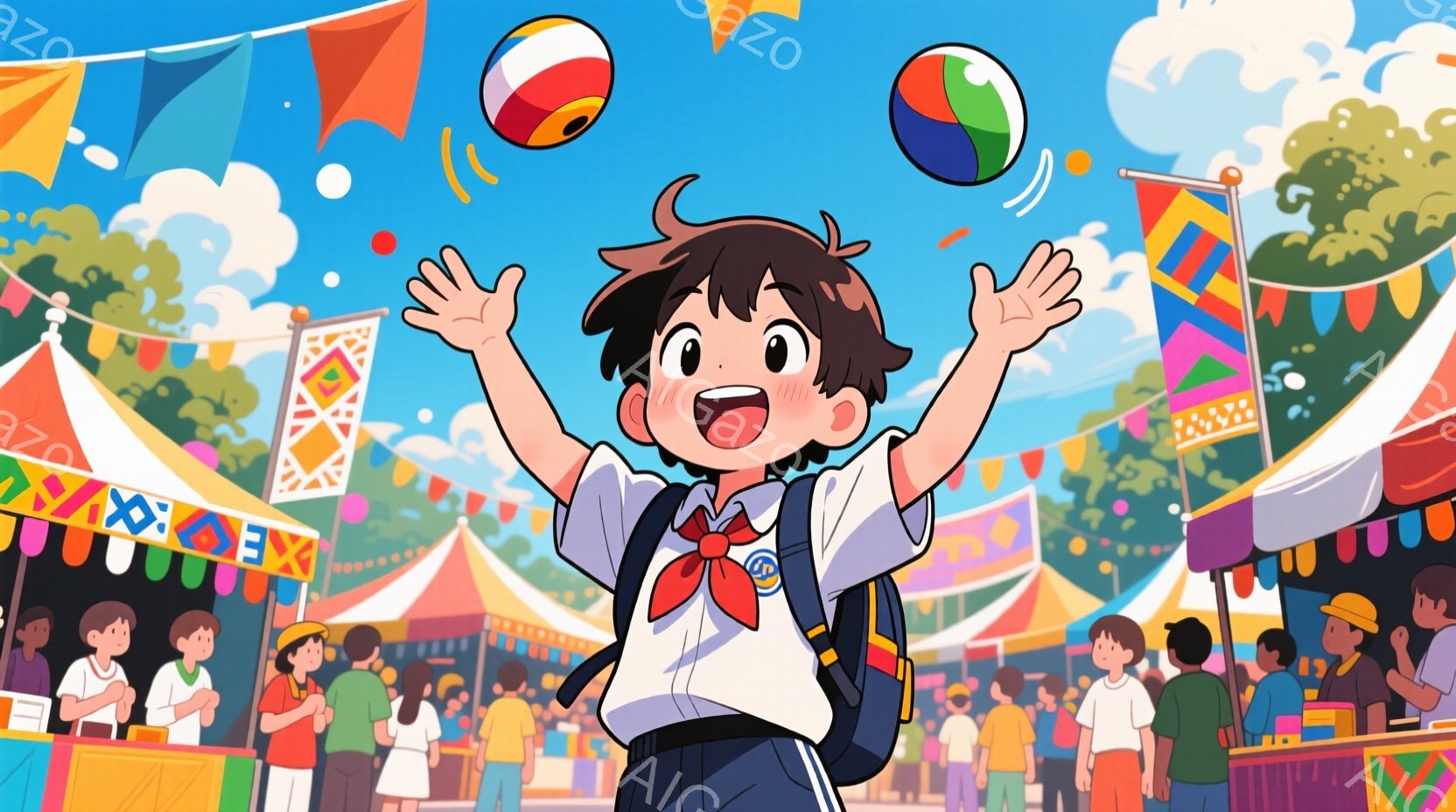 制服を着た少年が両手を上げて楽しそうにしているイラストです。彼は短い黒髪で、赤いネクタイと制服の襟元についたバッジが特徴的です。背景には、カラフルなテントが並び、多くの人々が楽しんでいるお祭りの賑やか - AI生成フリー素材
