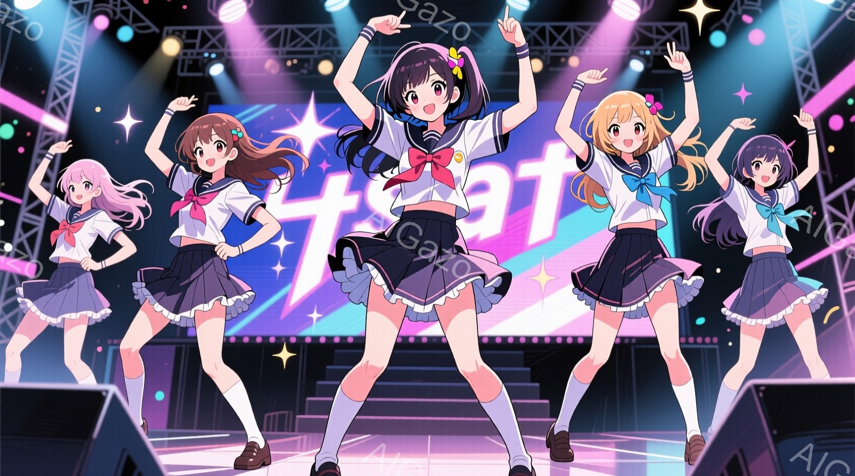 制服を着たアニメ風の女の子たちがステージ上で踊っている様子が描かれています。彼女たちはそれぞれ異なる髪色とヘアスタイルで、笑顔でポーズを決めており、活気に満ちた雰囲気です。背景には光の演出とステージの - AI生成フリー素材