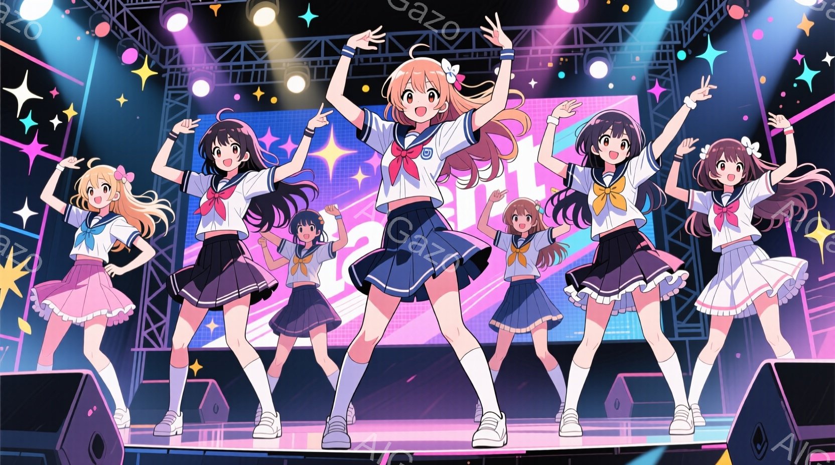 制服を着た5人の少女たちがステージ上で踊っている様子が描かれています。彼女たちはそれぞれ異なる髪型で、明るい笑顔を浮かべており、白いスニーカーを履いています。背景には紫とピンクのグラデーションがかった - AI生成フリー素材