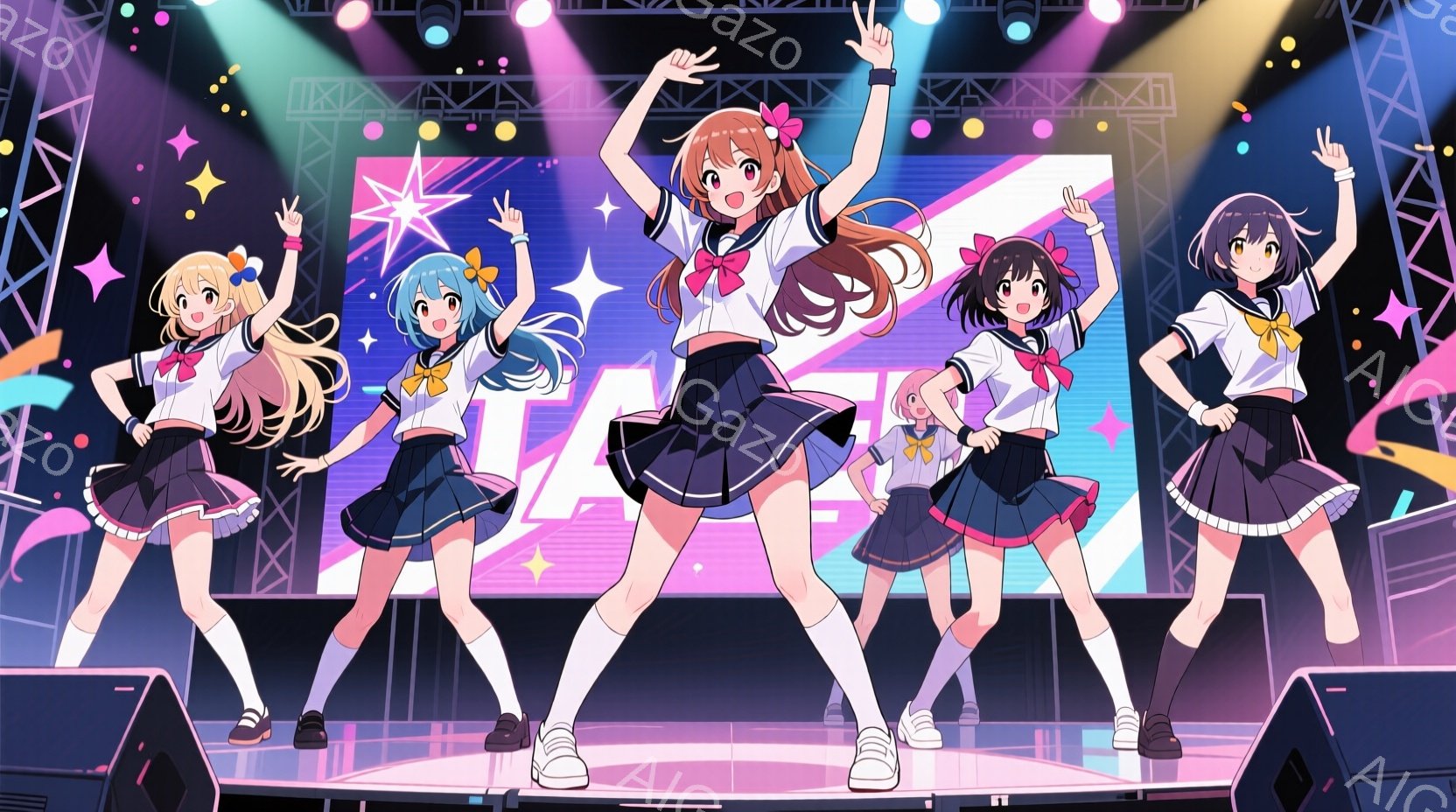 舞台上に、制服姿の少女たちが踊っています。それぞれ異なる髪色で、明るい表情でポーズを決めており、白いスニーカーとプリーツスカートが印象的です。背景には光の演出と巨大なディスプレイがあり、活気のあるコンサートの雰囲気を醸し出しています。
