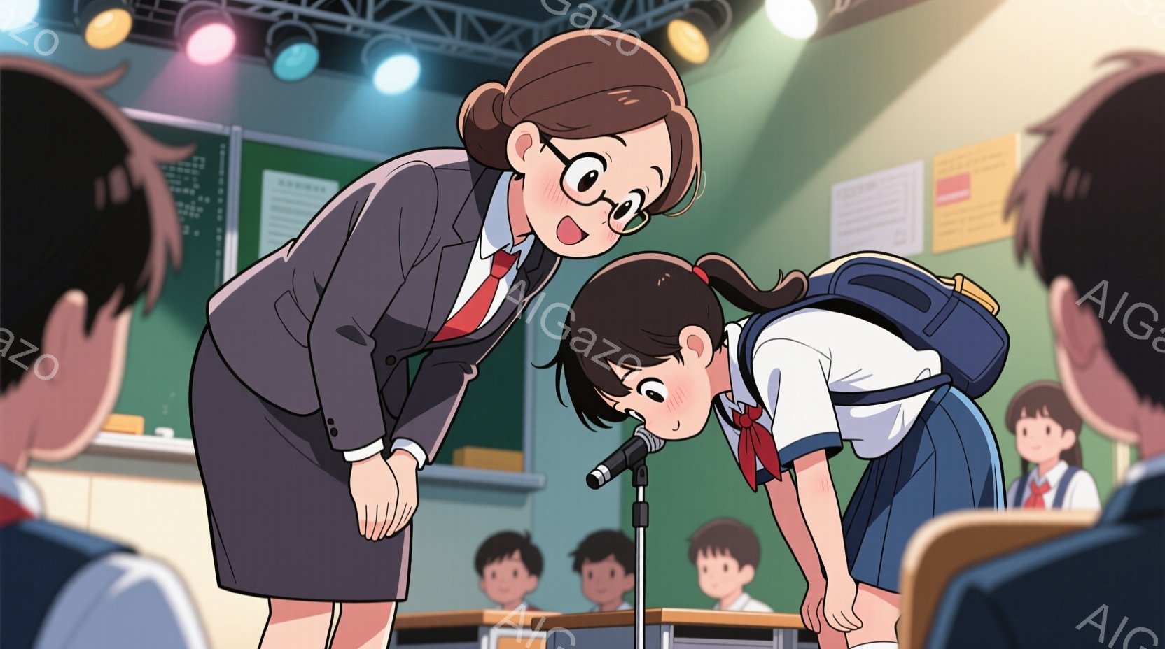 茶髪の女性教師が、紺色のジャケットとスカート、赤いネクタイ姿で、少し身をかがめて、眼鏡をかけた目で心配そうに生徒を見守っています。制服を着た少女は、マイクの前で前かがみになり、何かを拾おうとしている様子です。教室には他の生徒たちが座っており、背景には黒板と照明器具が見え、全体的に温かく、少し緊張した雰囲気です。
