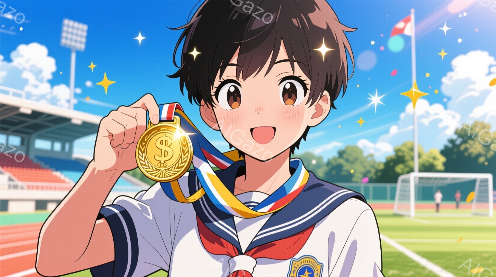 人物は少年で、金メダルを手に持って喜びの表情で笑顔。彼は水泳のコーチャーかもしれない。背景は日差しがあり、人気スポーツの大会のような観客席が見える。雰囲気は快適で祝感的。