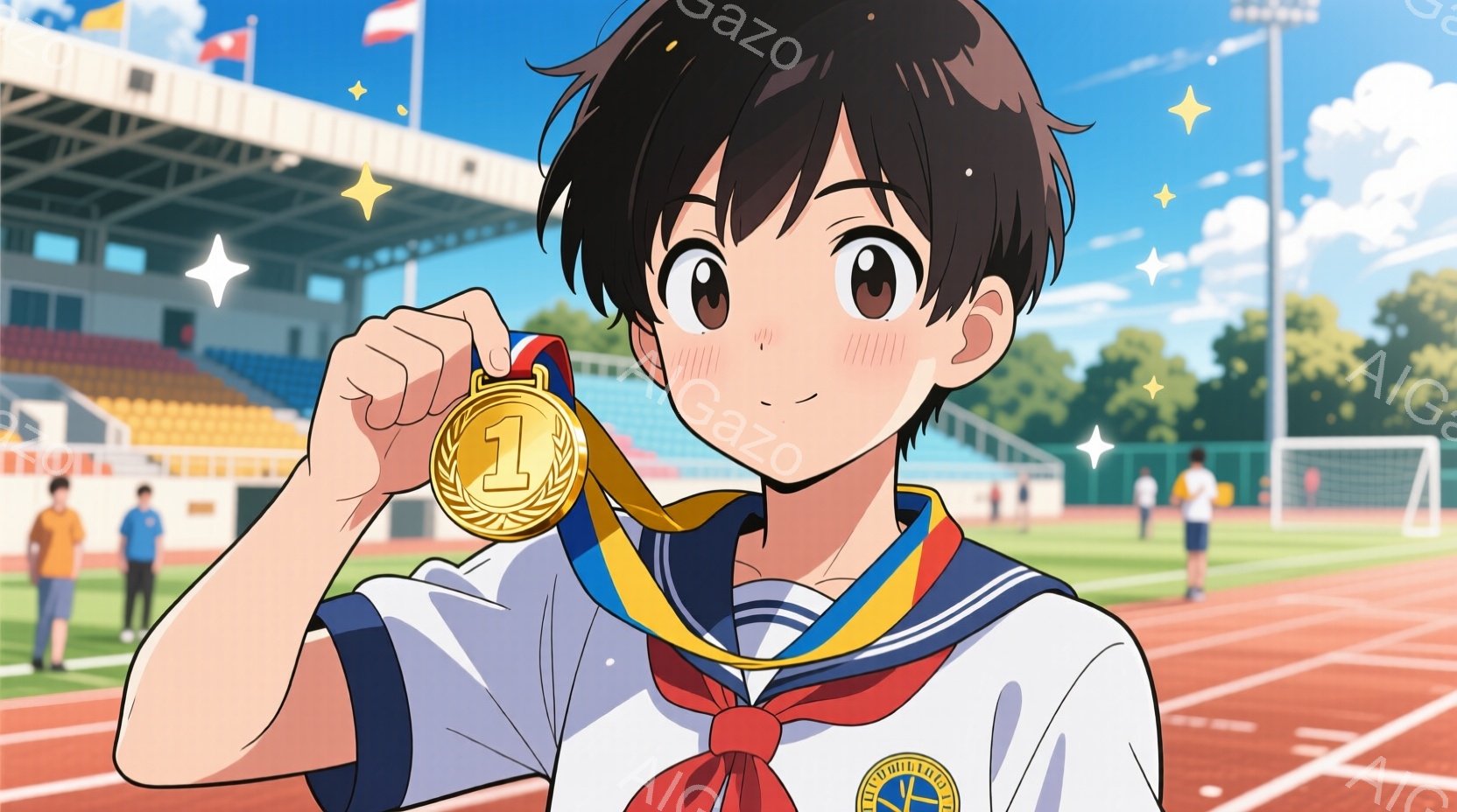 少年は、金色のメダルを誇らしげに掲げています。彼は白いセーラーシャツに赤いリボン、紺色のズボンを着用し、黒髪を短く切っています。背景にはトラック競技場があり、観客席や青空、白い雲が見え、晴れた日のスポーツイベントの活気ある雰囲気が伝わってきます。