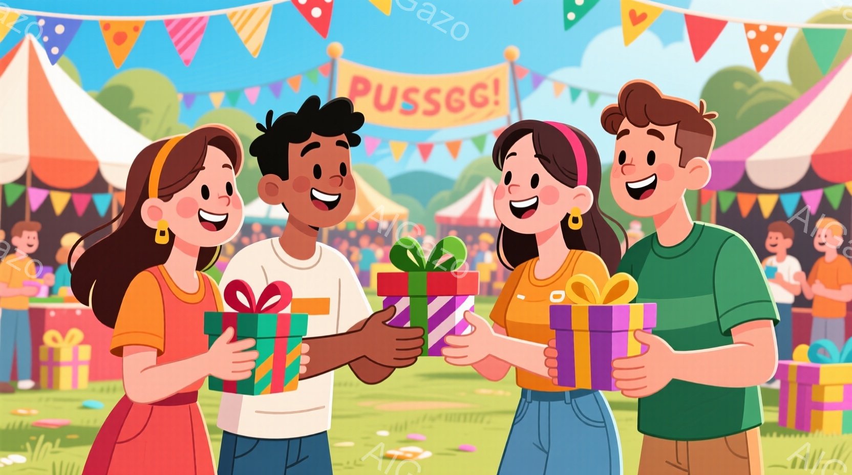 鮮やかなイラストには、プレゼントを交換する３人の子供たちが描かれています。オレンジ、青、そしてもう一人の子供はそれぞれ明るい色の服を着ており、笑顔でプレゼントを受け渡しています。背景には、カラフルな旗 - AI生成フリー素材