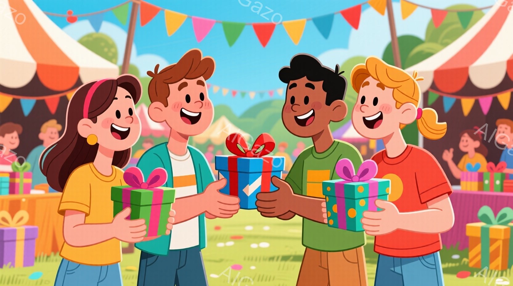 4人の子供たちがプレゼントを手に笑顔で立っています。女の子は茶色の長い髪を結んでおり、ピンクのシャツを着ています。男の子たちはそれぞれ短い髪で、青と黄緑のシャツを着ており、全員が嬉しそうで活気に満ちた - AI生成フリー素材