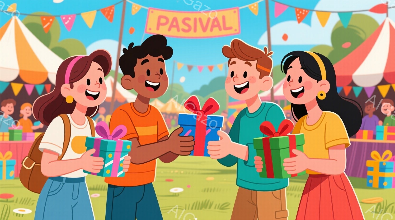 4人の子供たちがプレゼントを交換しています。女の子はリュックサックを背負い、ピンクのヘアバンドで髪を結んでいます。背景には緑の芝生、カラフルな旗、そして他の子供たちがいて、お祝いのような陽気な雰囲気が漂っています。
