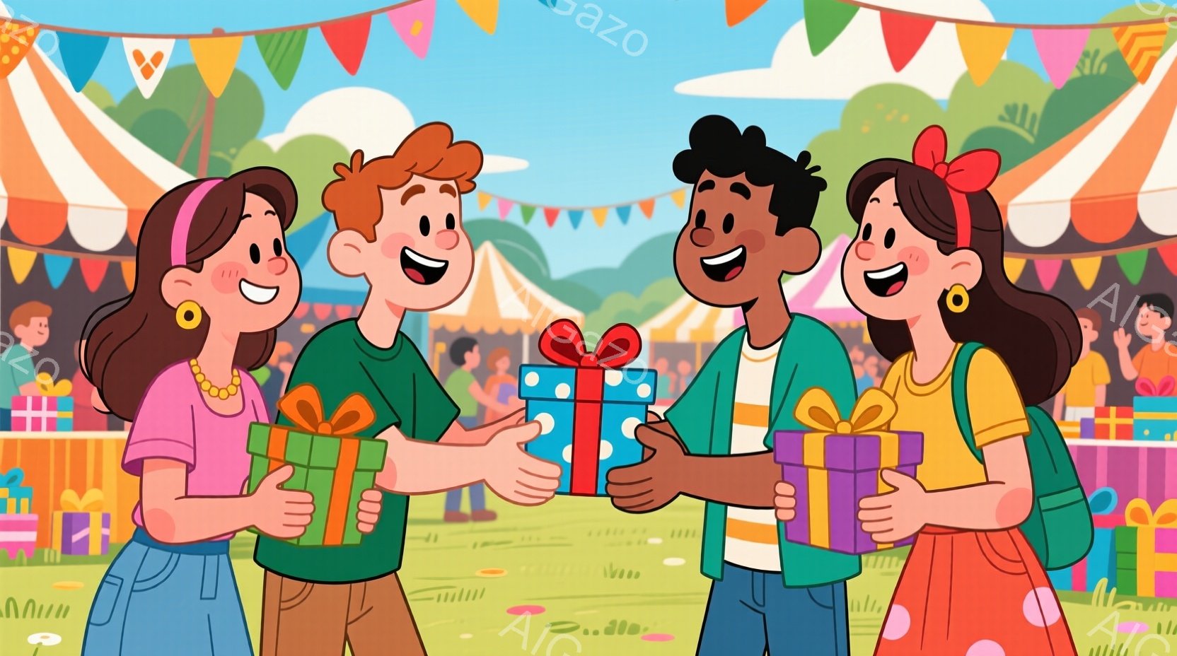 明るい色調のイラストで、2人の少年と2人の少女がプレゼントを交換している場面が描かれています。少女はそれぞれ赤と黄色のヘアバンドをつけ、ピンクとオレンジ色の服を着ています。背景には、緑の草地と、カラフルな旗やテントが並ぶお祭り会場が広がっており、全体的に陽気で楽しい雰囲気が漂っています。