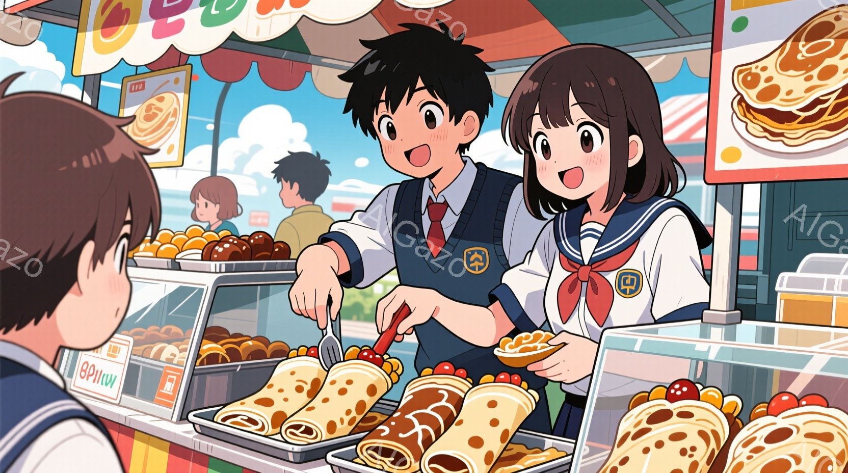 制服を着た少年と少女が屋台でたこ焼きを作っている様子が描かれています。少年は短髪で、真剣な表情でたこ焼きを焼いています。少女は長い髪をリボンで結び、笑顔でたこ焼きを盛り付けており、屋台の背景には他の客や賑やかな雰囲気があります。