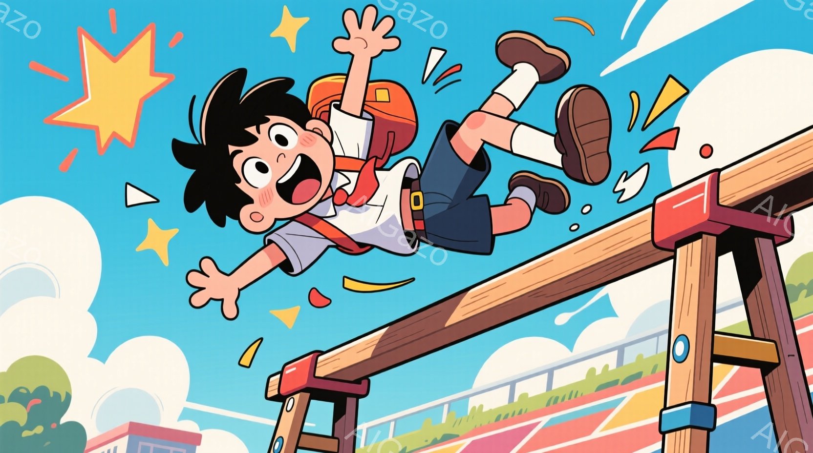 明るい青空の下、少年が遊具の棒の上を飛び越えようとしています。彼は紺色の短パンと白のシャツに、赤いネクタイと帽子を着用し、興奮した表情で両手を広げています。背景には、緑の芝生と建物、そしてふわふわした雲が見え、全体的に活気と楽しさに満ちた雰囲気です。