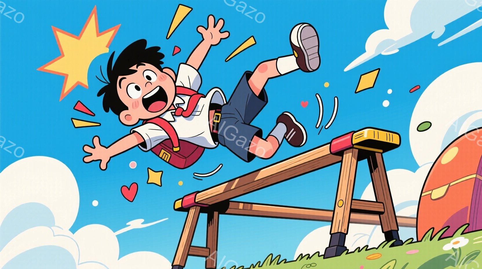 一人の少年が、傾いた木製の台の上でバランスを取ろうとしています。彼は短パンに白いシャツ、そして赤いサスペンダーを身に着けており、興奮した表情で両手を広げています。背景には緑の丘、カラフルなキノコ、そして青い空と白い雲が広がっており、全体的に元気で活発な雰囲気です。