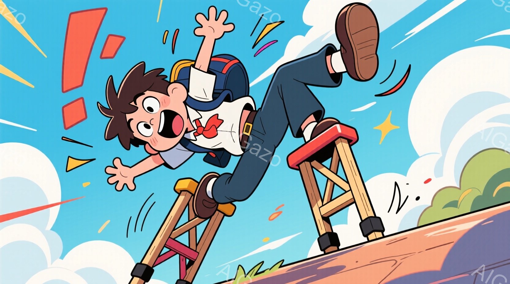 若い男性が、木製の梯子から転落しようとしている様子が描かれています。彼は紺色のジャケット、赤いネクタイ、ベージュ色の帽子を着用し、驚いた表情を浮かべています。背景には、緑の丘と青い空が広がり、動的なエネルギーを感じさせる漫画風のイラストです。