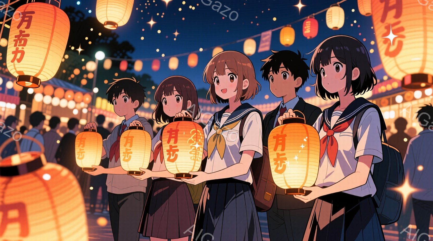 提灯（ちょうちん）を手に持つ制服姿の少年少女たちが描かれています。彼らは皆、紺色のブレザーに白いシャツ、そしてチェック柄のスカートまたはズボンを着用し、提灯を高く掲げています。背景には、多くの提灯が灯り、夜空には星が輝き、お祭りの賑やかな雰囲気が伝わってきます。
