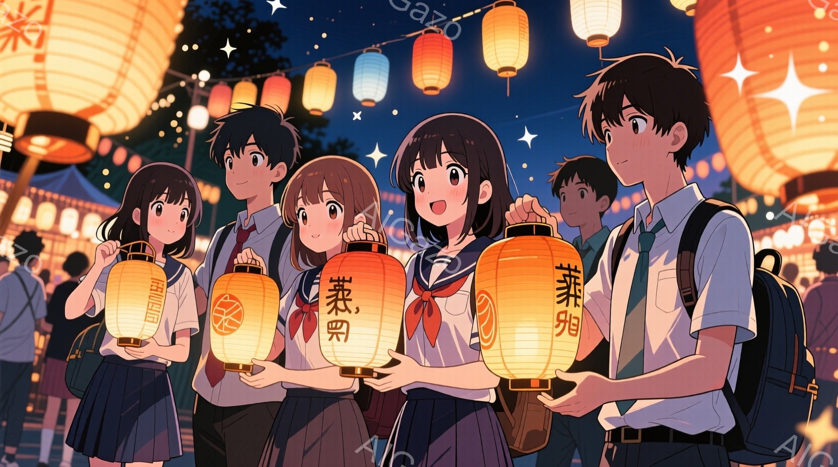 制服を着た高校生たちが夜の祭りで提灯を持って歩いている様子が描かれています。彼らは皆、笑顔で少し照れたような表情をしており、楽しげな雰囲気を醸し出しています。背景には、多くの人々や屋台、そして夜空に輝 - AI生成フリー素材