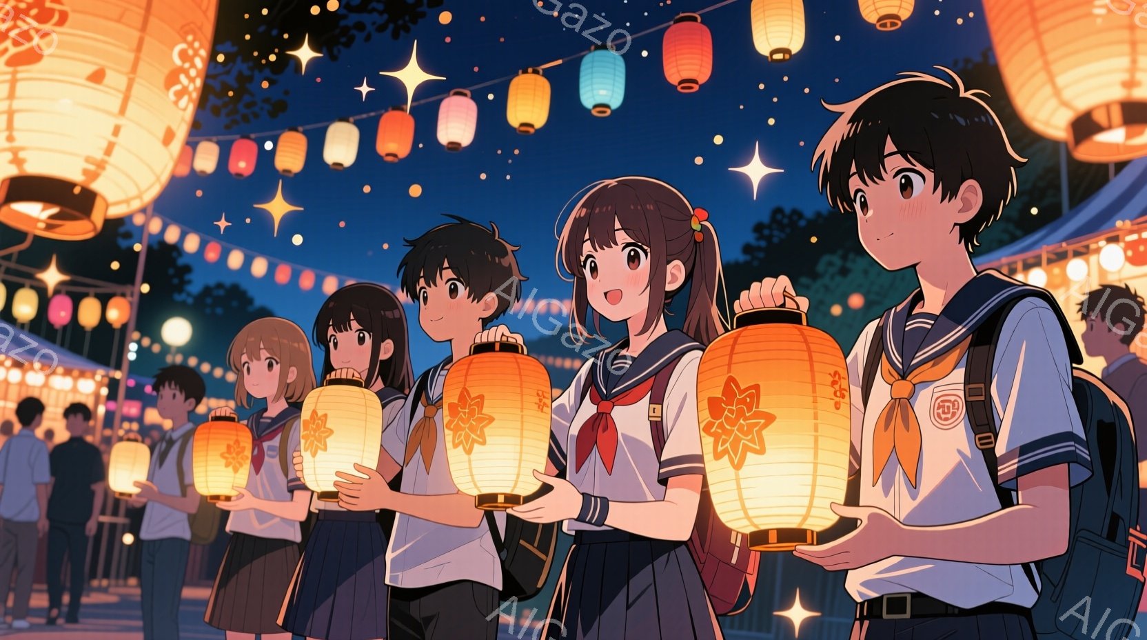制服姿の学生たちが、提灯を手に夜の祭りを歩いている様子が描かれている。彼らは皆、笑顔で少し上を見ている様子で、祭りの賑わいと提灯の温かい光が、楽しげな雰囲気を醸し出している。背景には屋台が並び、夜空に - AI生成フリー素材
