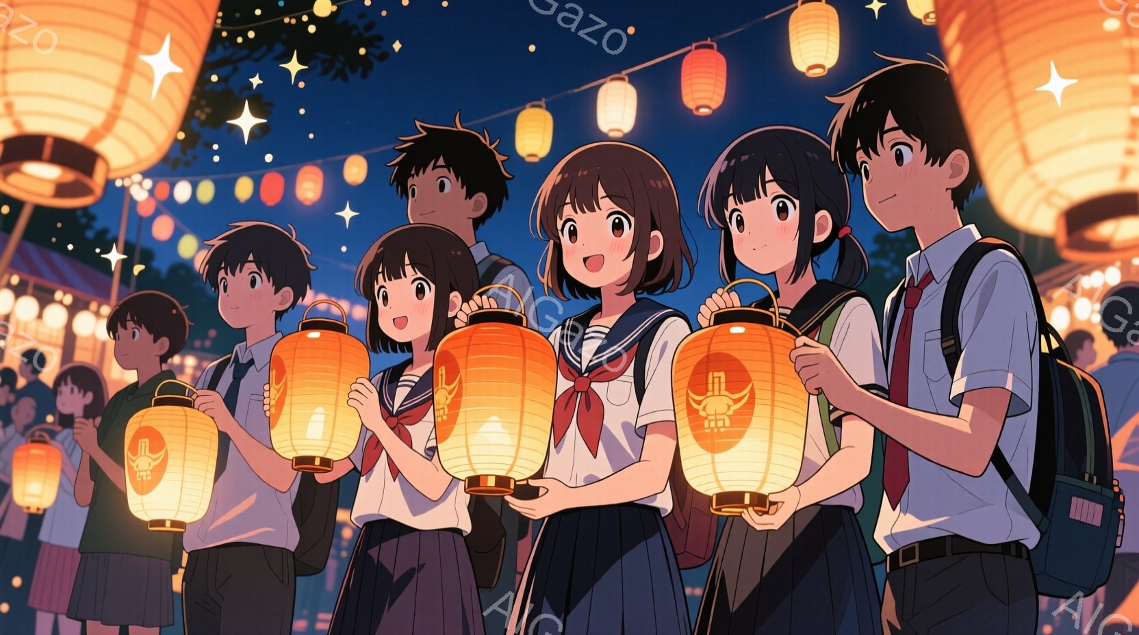 制服を着た少年少女たちが、提灯を手に夜の祭りを歩いている様子が描かれています。女の子は紺色のブレザーに白いシャツ、赤いリボンを付け、ショートボブヘアで笑顔を見せています。背景には、多くの提灯が灯り、祭りの賑やかな雰囲気を醸し出しています。