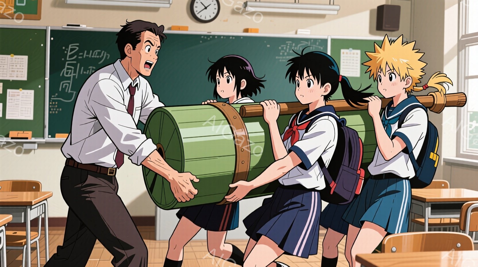 教室の中に、制服を着た女子高生二人が大きな樽を肩に担いでいます。一人は黒髪のロングヘアで、もう一人は明るい茶色の髪のショートヘアです。先生らしき男性が樽を支えながら、少し苦労している表情をしています。 - AI生成フリー素材