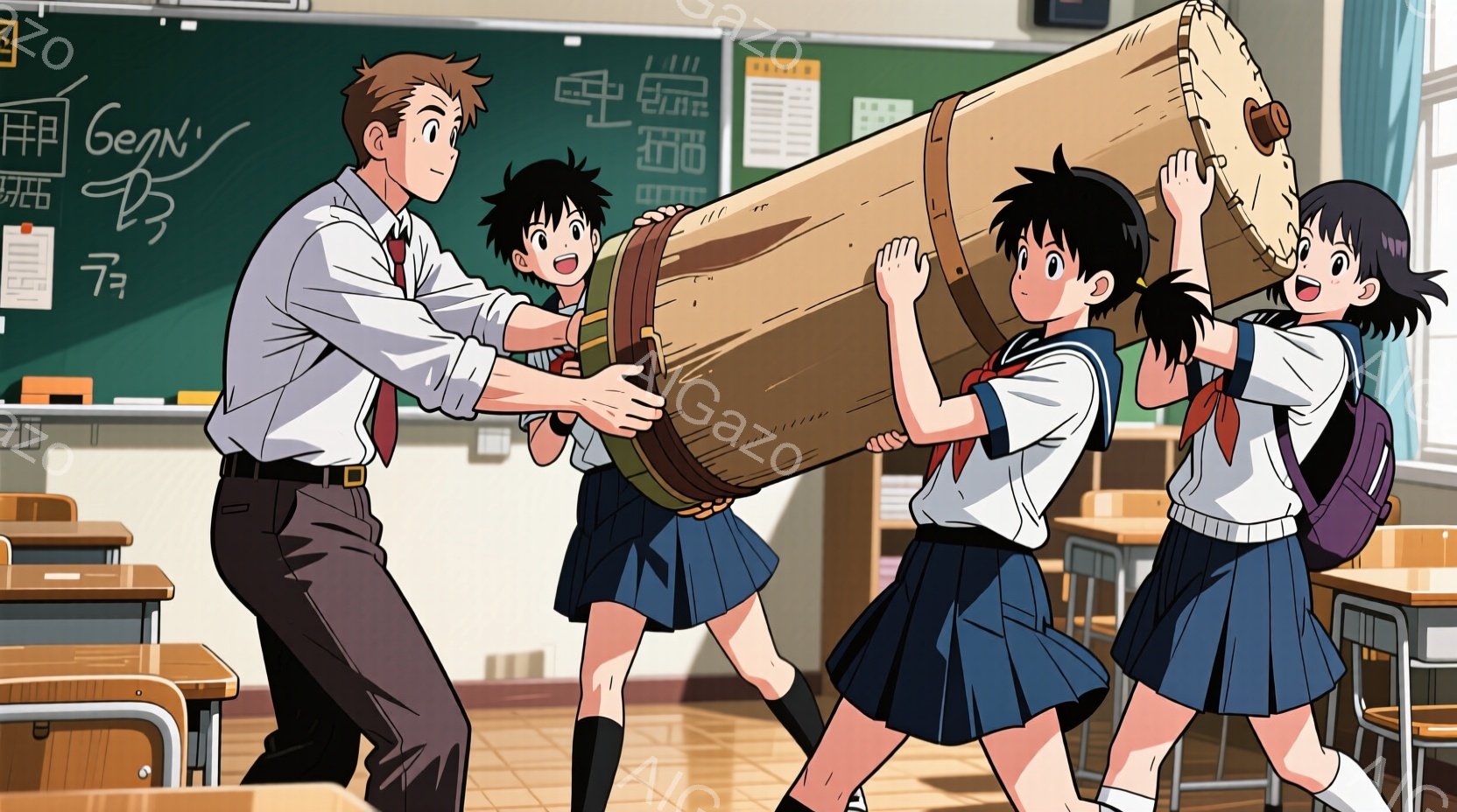 教室の中で、男性教師と二人の女子学生が大きな木樽を持ち上げようとしている場面です。教師は紺色のスーツに赤いネクタイを締め、女子学生たちは白いブラウスと紺色のスカート、黒い靴下を履いた制服姿で、少し苦労 - AI生成フリー素材
