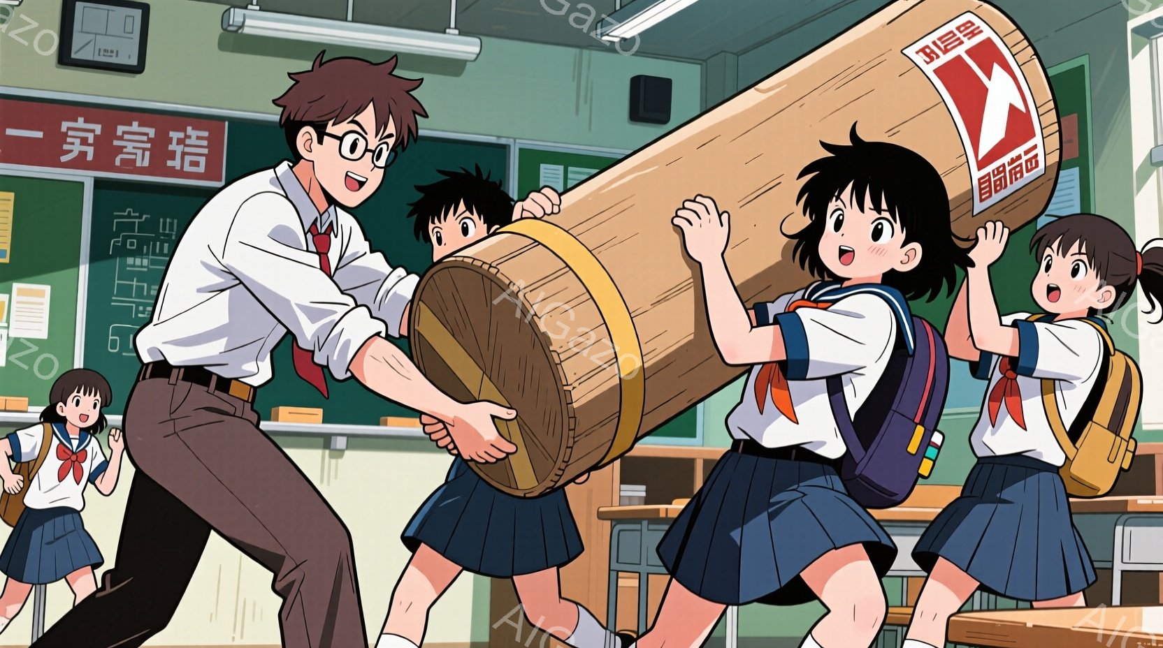 制服を着た少女2人と少年1人が巨大な丸太を担いでいる様子が描かれています。少女たちはセーラー服で、髪は黒く、丸太を支えようと懸命な表情をしています。背景は学校の教室で、黒板には文字が書かれており、全体的に活気があり、コミカルな雰囲気です。