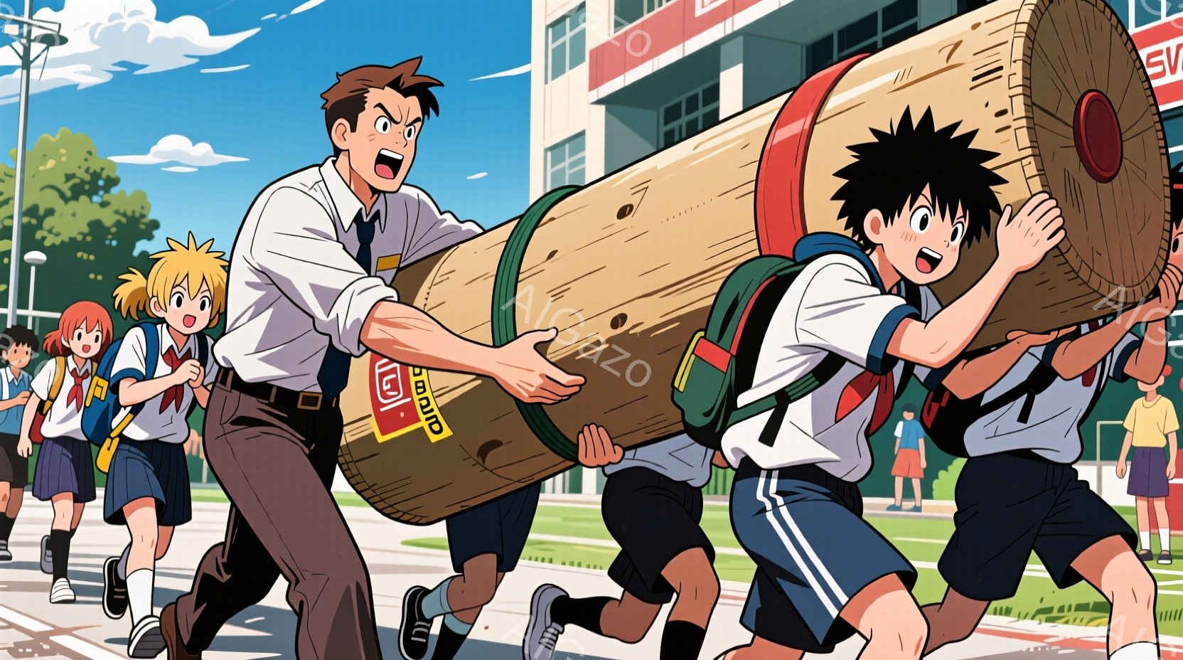 複数の生徒が学校の屋外で大きな丸太を運んでいる様子が描かれている。制服を着た少年たちは、丸太を肩に担ぎ、真剣な表情で走っており、背景には学校の建物と青空が見える。全体的に活気があり、運動会のようなイベントの一場面を切り取ったような雰囲気である。