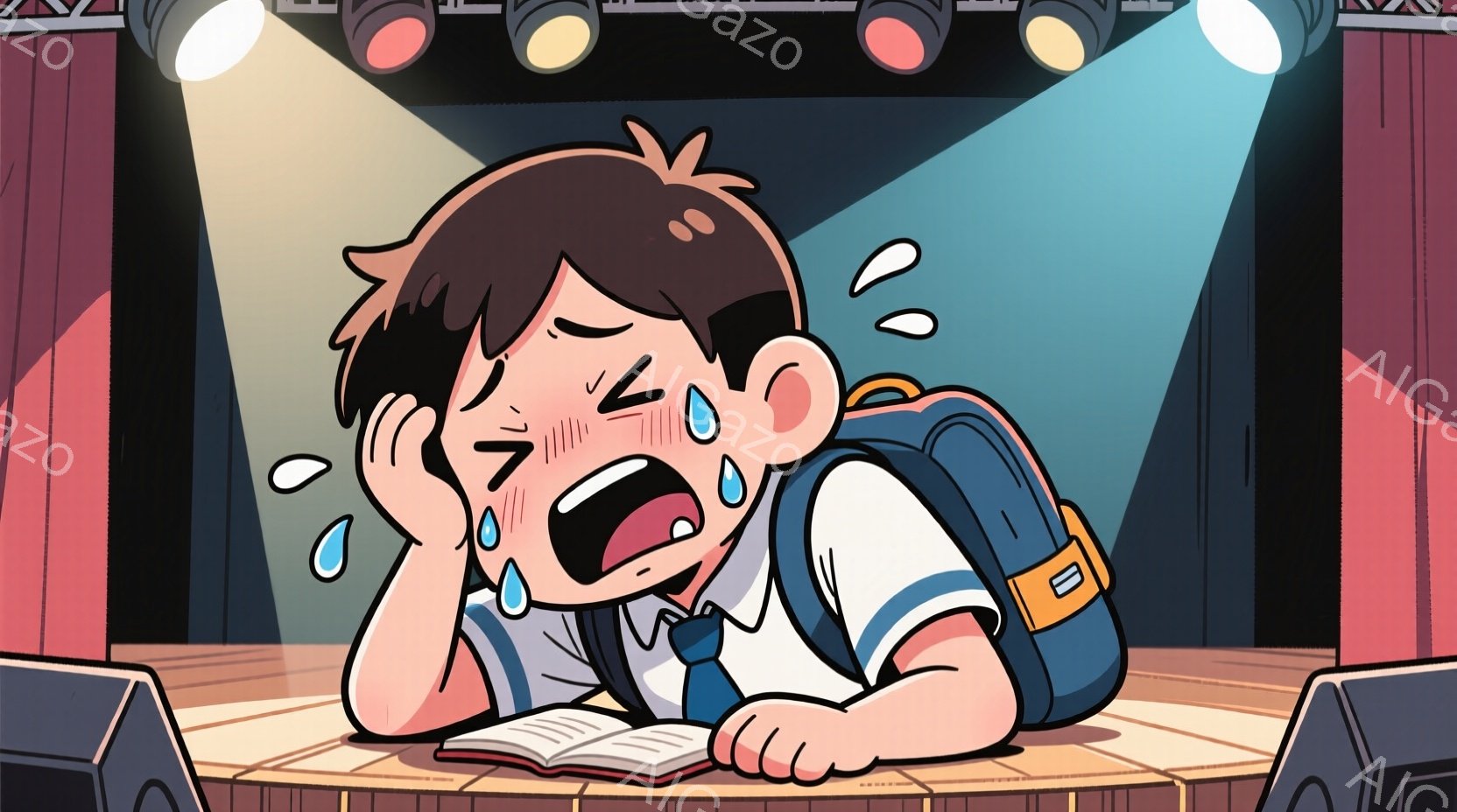 制服を着た少年が、開いた教科書に向かって泣き叫んでいます。彼の姿勢はうなだれており、顔には大きな涙が浮かび、苦悩の色が濃く表れています。背景は舞台のような場所で、赤いカーテンとスポットライトが照らされており、少年が置かれている困難な状況を強調しています。