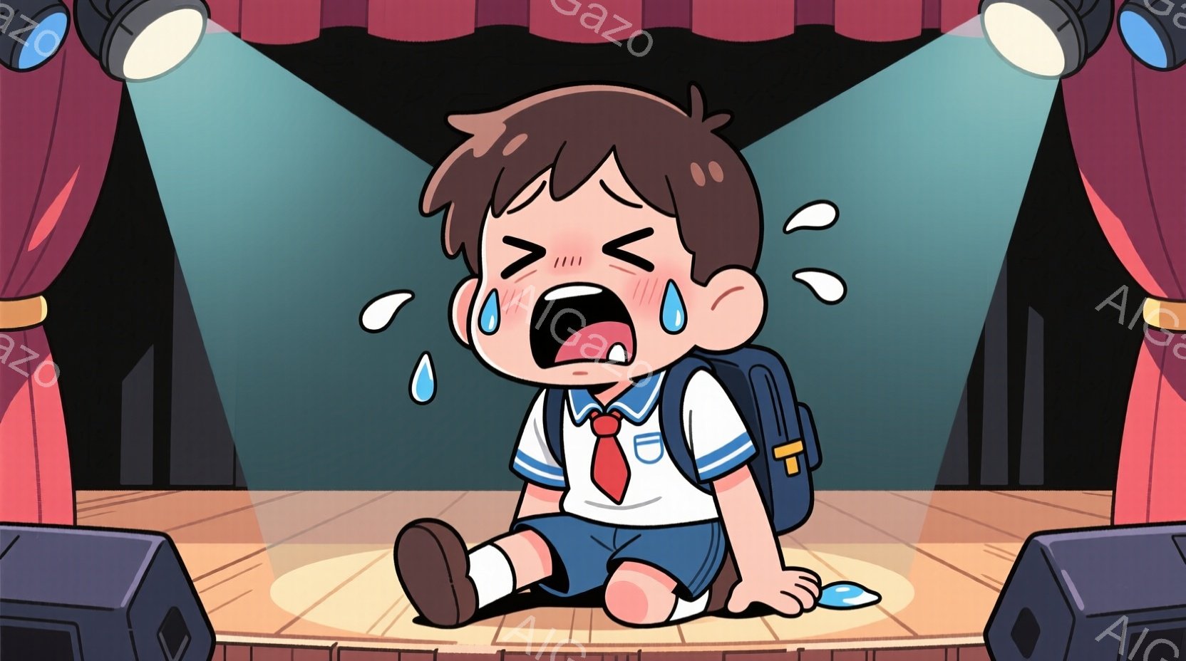 少年は舞台の上に座り込み、大きな声で泣いています。制服を着ており、青いジャケットと短パンに白いシャツ、赤いネクタイを締めています。背景には赤いカーテンとスピーカーがあり、スポットライトが少年を照らしています。