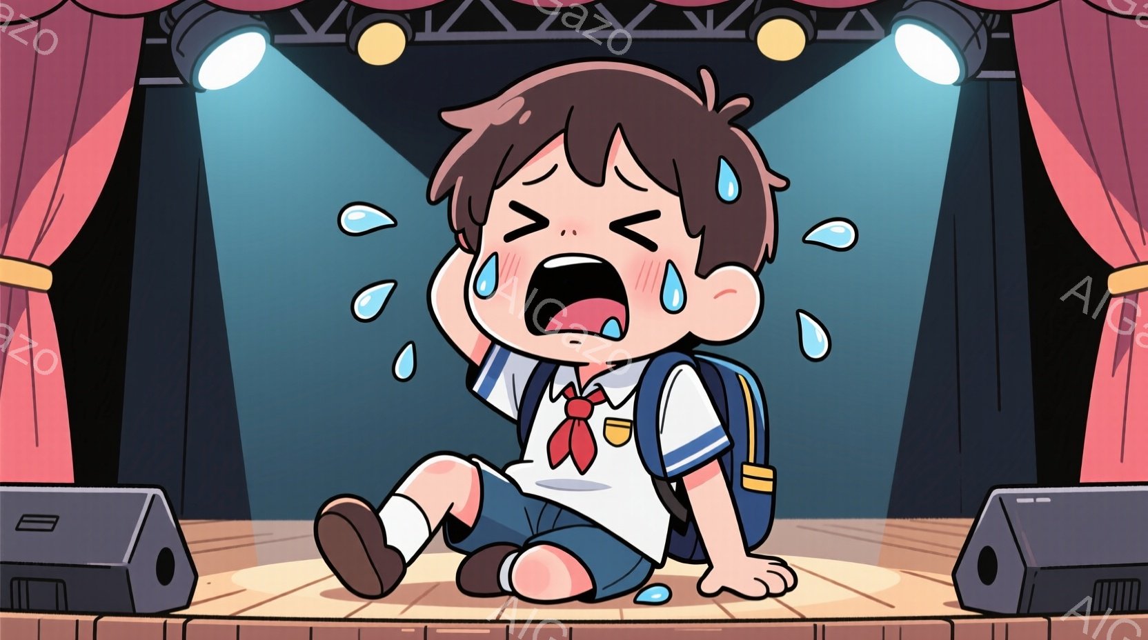 少年は舞台の上に座り込んで泣いています。制服を着ており、白いシャツにネクタイ、青いズボンというスタイルです。背景は赤いカーテンとスピーカーがあり、照明が当たっています。