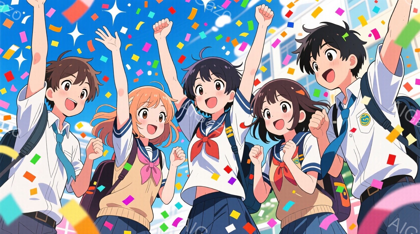 制服を着た5人の高校生が写っており、皆顔を上げて両手を挙げて喜んでいる様子が描かれています。背景には、青空と白い雲、そして校舎の一部が見え、カラフルな紙吹雪が舞い上がっています。全体的に明るく活気に満 - AI生成フリー素材