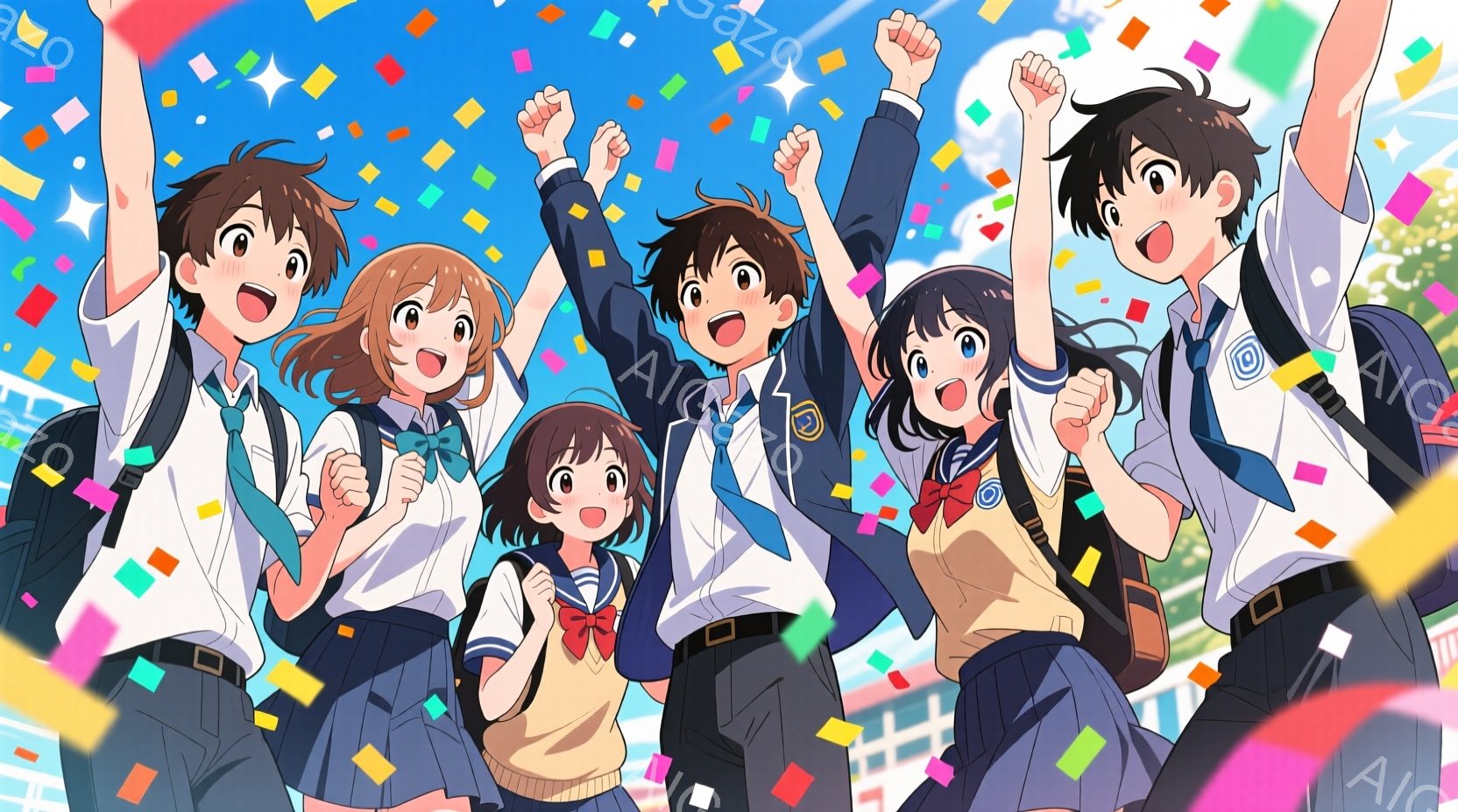 紺色の制服を着た高校生たちが、紙吹雪が舞う空の下で両手を上げて歓声をあげています。彼らは皆、短髪または肩までの長さの髪で、笑顔で活気に満ちた表情をしています。背景には、建物と青空が広がり、晴れた日の賑やかな雰囲気が伝わってきます。