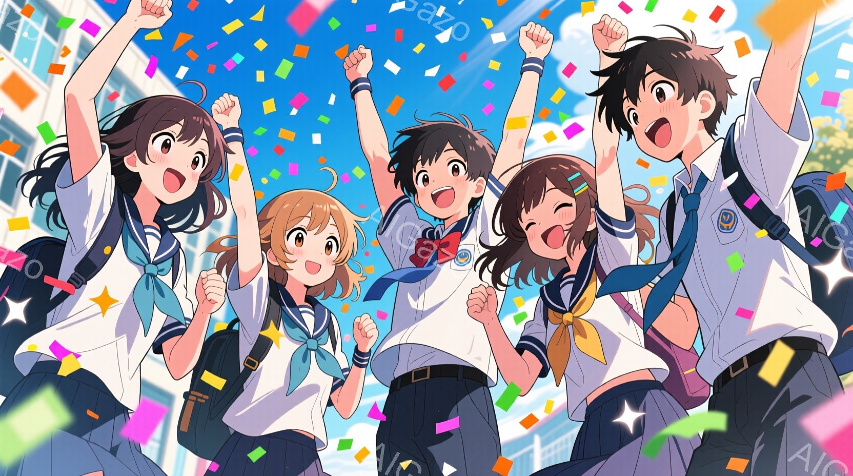 紺色のブレザーと白いシャツに身を包んだ、高校生らしき5人の男女が、空中に飛び跳ねて歓声を上げている。彼らは皆、明るい笑顔を浮かべ、片手を高く上げ、喜びを表現している。背景には青空と白い雲、そして校舎の一部が見え、カラフルな紙吹雪が舞い散る様子から、お祝いや達成感に満ちた、活気に満ちた雰囲気が伝わる。